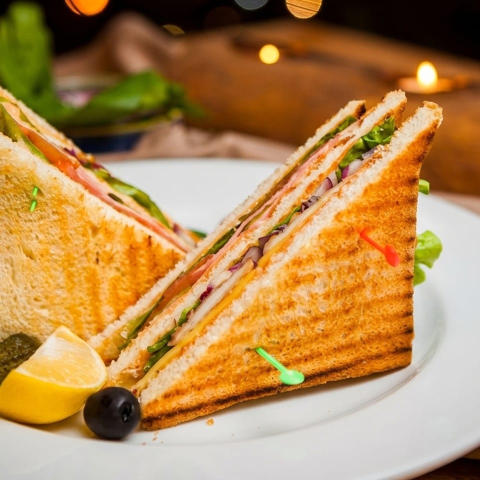 Two toasted club sandwich halves with lettuce, tomato, and cheese, garnished with pickle, lemon, and olive.