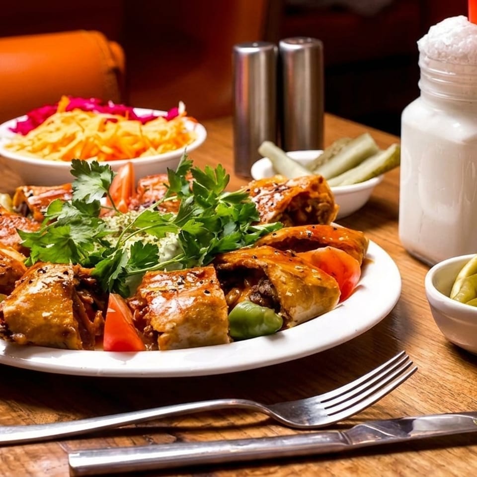 Platter of sliced kebabs with tomatoes, green peppers, parsley, and a side of ayran and pickles.