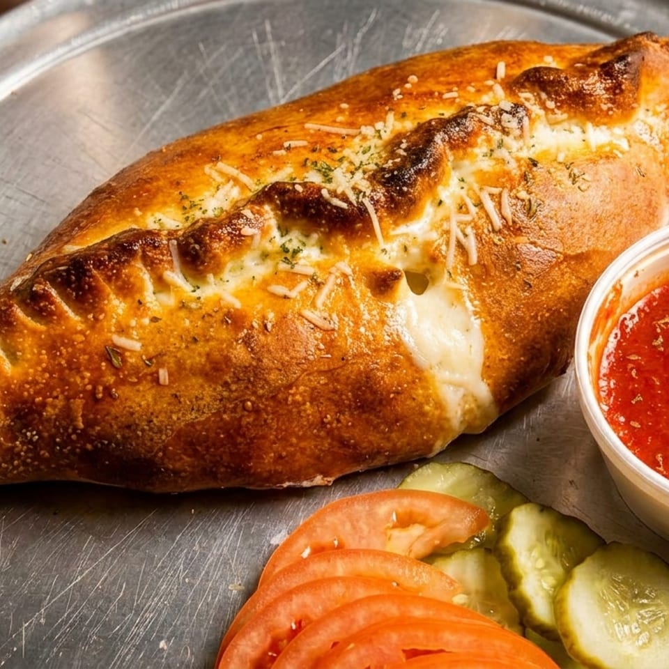 Golden-brown calzone with melted cheese, served with marinara sauce, sliced tomatoes, and pickles.