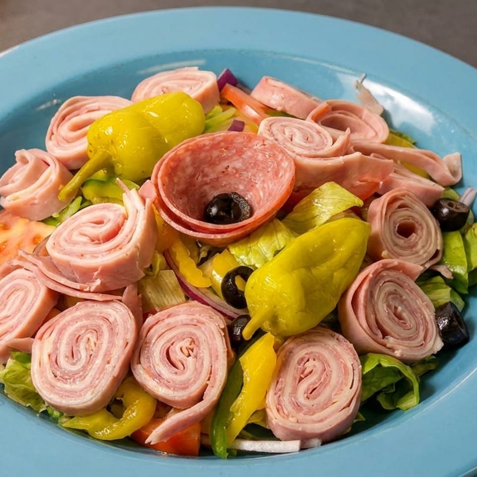 Antipasto salad with rolled meats, olives, peppers, and lettuce in a blue bowl.