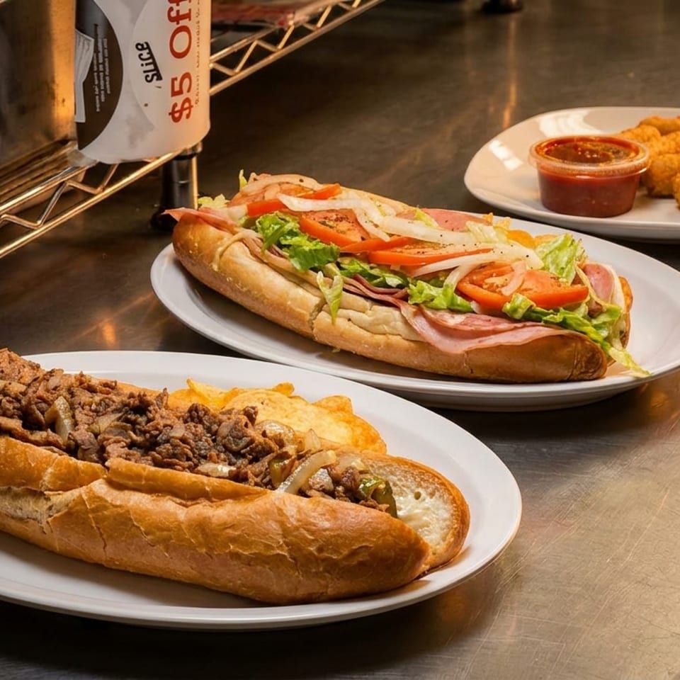 Cheesesteak, Italian sub, and mozzarella sticks with marinara sauce on a metal counter.
