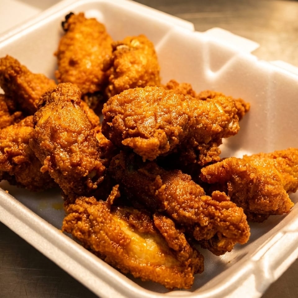 Crispy fried chicken wings in a white styrofoam takeout container on a metal surface.