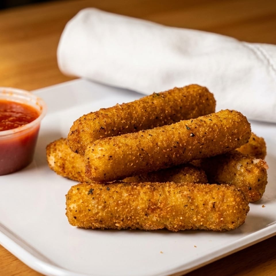 Golden-brown mozzarella sticks with a side of marinara sauce on a white rectangular plate.
