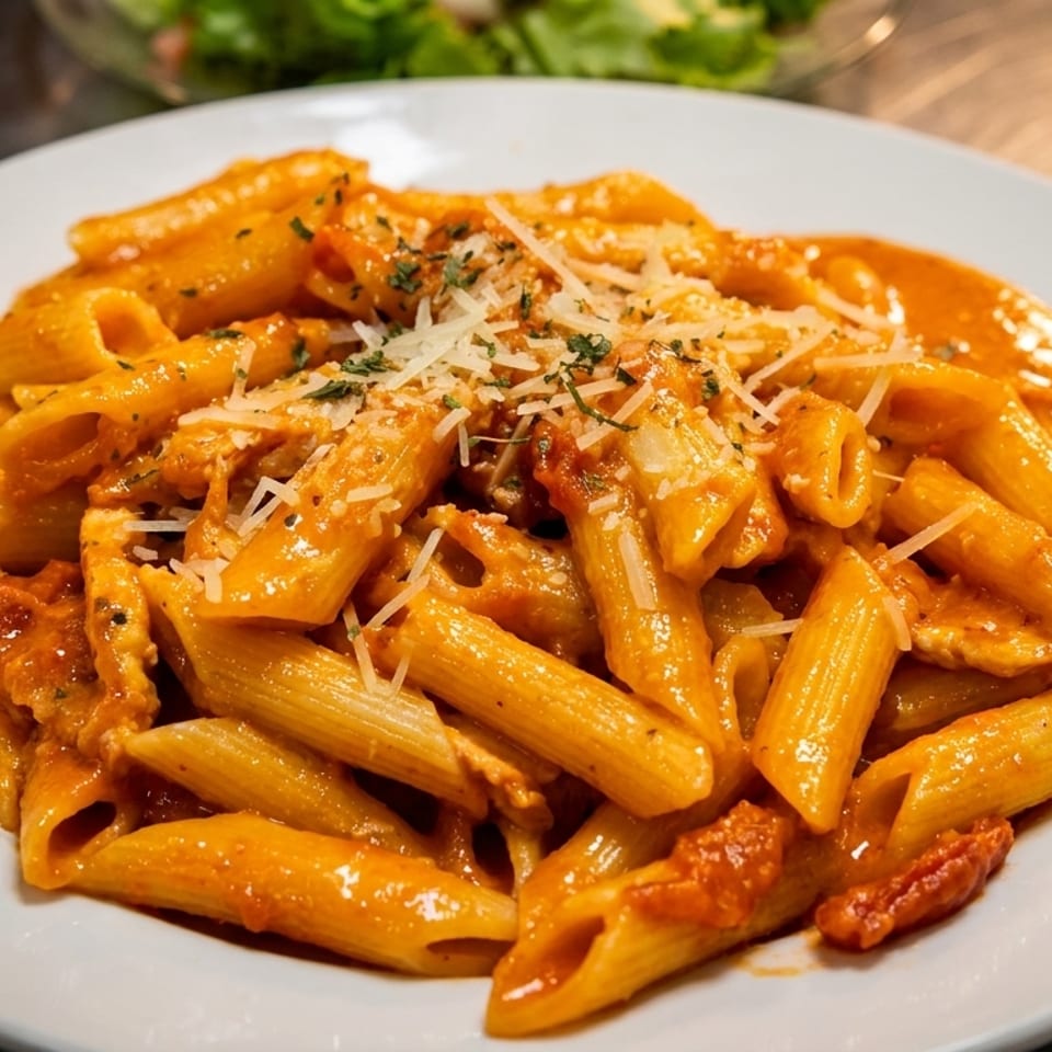 Penne pasta in a creamy tomato sauce, topped with grated cheese and herbs.