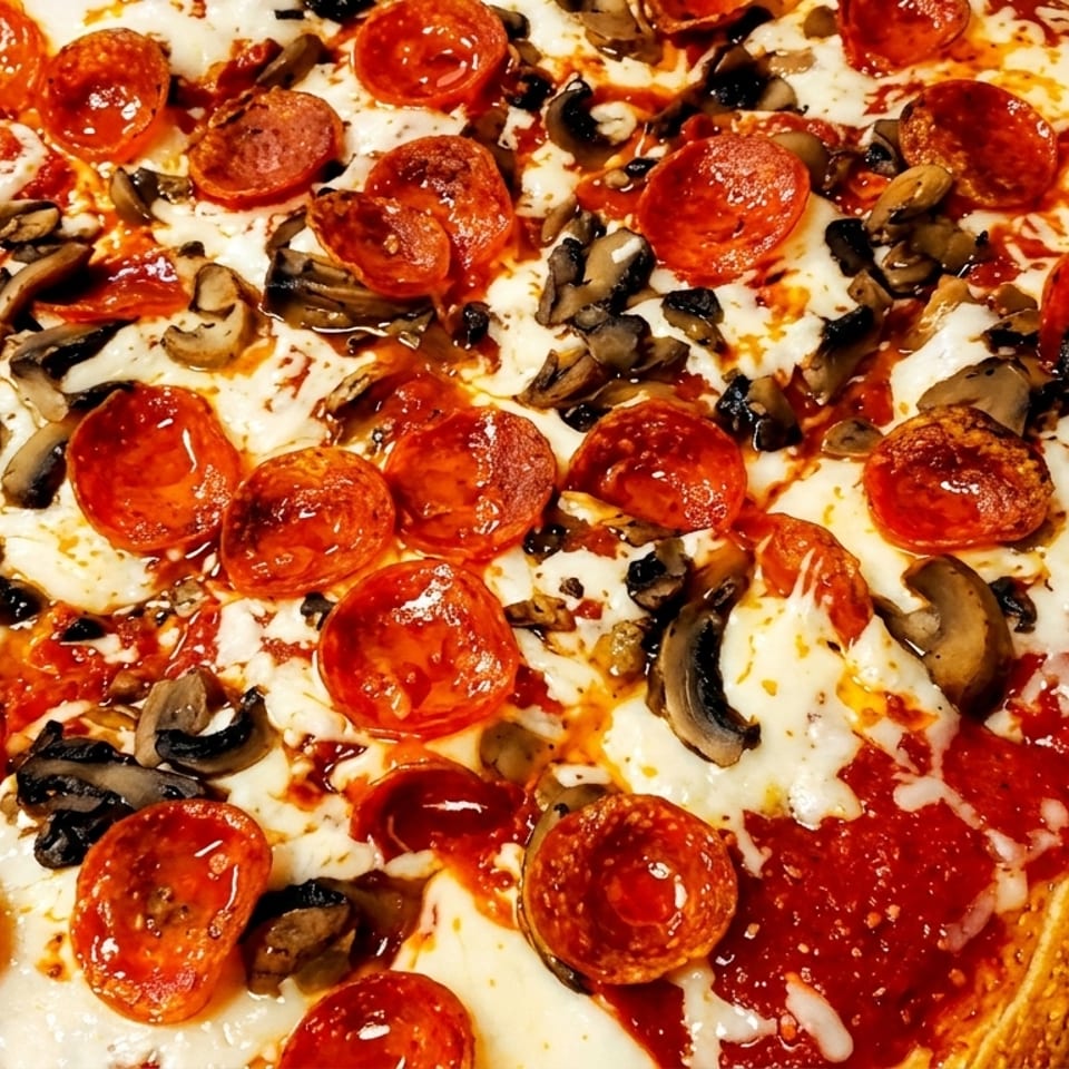 Close-up of a square pizza with pepperoni, mushrooms, and melted cheese in a cardboard box.