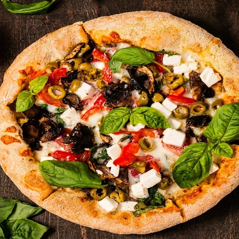 Top-down view of a fresh pizza with olives, feta, mushrooms, and basil on a wooden table.